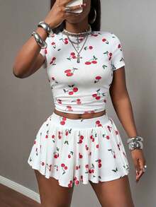 Nuevo conjunto casual de 2 piezas de estilo primavera y verano: Camiseta básica de cuello redondo, manga corta y con pliegues a ambos lados + Falda-paraguas con vuelo, corta por ambos lados, de largo medio, en tejido de punto acanalado gris claro - Blanco - Ver 4