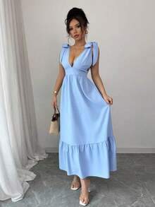 Elegante vestido sin mangas con escote en V y lazo en la cintura, vestido de verano azul para vacaciones de damas - Rosa Fucsia - Ver 11