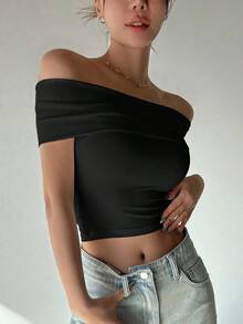 Blusa/Camiseta ajustada de hombros descubiertos con estampado de lunares para mujer - Negro - Ver 5