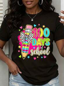 1 "100 Days Of School" T-Shirt For Children And Teachers, Celebrate The 100th Day Of School With A Fun Pencil Design And Colorful Print For Students And Educators, 180g, 100% Cotton. - 黑色 - 查看 1