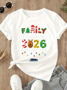 1 Piece Family Christmas T-Shirt 2026 Creating Memories Together Christmas Tree, Reindeer And White Lights Design For Women 180g 100% Cotton - 白色 - 查看 4