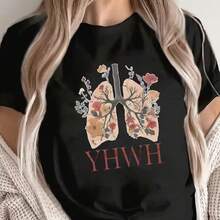 Camiseta estampada, tejida en algodón puro, con diseño de cuello redondo, estilo unisex, camisa creativa y moderna, ideal para primavera y otoño, holgada y cómoda para hombres y mujeres. - Negro - Ver 1