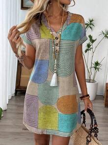 Vestido ajustado de longitud hasta la rodilla, de cuello en V, con botones y manga de una pieza, con estampado geométrico de bloques de color, elegante para el verano - Multicolor - Ver 10