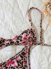 Set de 2 piezas Bikini de tirantes finos con estampado aleatorio para mujer, verano - Multicolor 11 - Ver 5