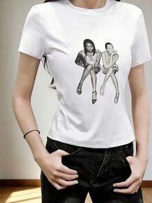 Playera para mujer cuello redondo manga corta, modelo nuevo de verano con estampado de retrato.Corte corto ajustado súper chido, estilo juvenil .Muy cómoda y fácil de combinar, ideal para uso diario, salidas y lucir un look moderno que está muy de moda. OLDT - Blanco - Ver 5