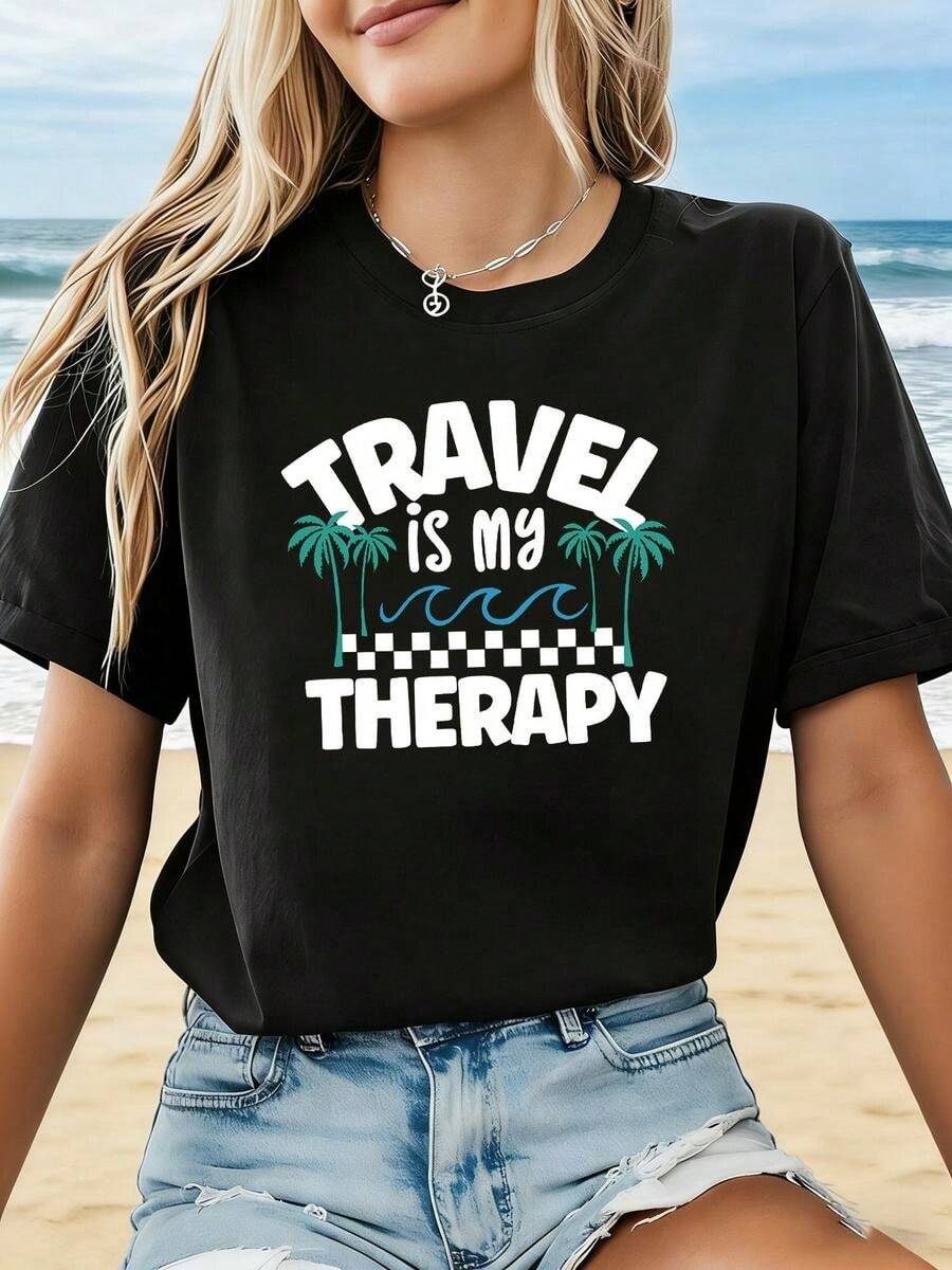 1 pieza, clásica y versátil, camiseta de manga corta de algodón puro con estampado TRAVEL is my Relax, estilo moderno, adecuada para usar en cualquier estación - Negro - Ver 1