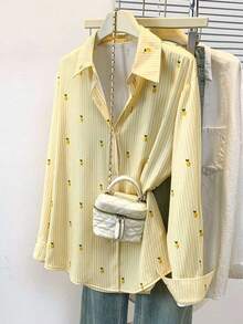 Blusa de mujer con cuello polo, estampado de corazones y rayas - Camisa casual de manga larga con botones, adecuada para uso diario en primavera, verano y otoño - limón amarillo - Ver 1