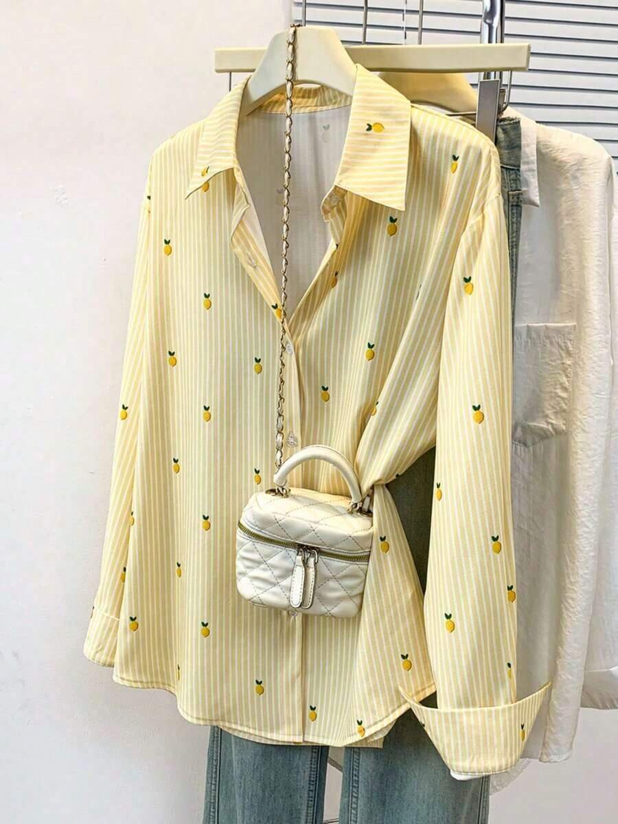 Blusa de mujer con cuello polo, estampado de corazones y rayas - Camisa casual de manga larga con botones, adecuada para uso diario en primavera, verano y otoño - limón amarillo - Ver 1