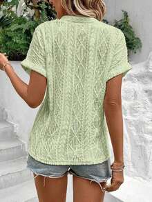 Camiseta suelta de mujer de manga de murciélago con escote en pico, de tela texturizada de unicolor, para verano y vacaciones - Verde 2 - Ver 2