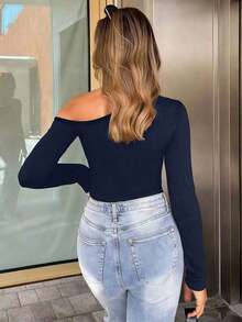 Camiseta casual de manga larga con cuello asimétrico para mujer, ideal para atuendos de primavera - Azul marino - Ver 2