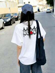 Women's Casual Cotton T-Shirt, Short Sleeve And Round Neck, With A Cute Print On The Back, Perfect For Everyday Wear, Regular Length, With Moderately Elastic Fabric, Cute And Casual Style. - 白色的 - 查看 1