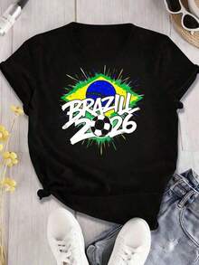 2026 New And Popular Unisex Casual T-Shirt With Brazil Flag Graphic 2026 World Cup Unisex T-Shirt For Football Fans Short Sleeve Crew Neck T-Shirt With Fun Print Suitable For: Sporting Events/Holiday Parties/Outings/Sports And Other Holiday Gifts - 黑色 - 查看 4