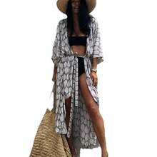 Beach Cover-Up With Leaf Print, Rayon, Vacation Sun Protection Cardigan, Bikini Cover-Up - 1D138-a Black With White - View 5