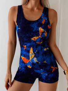 Traje de baño de una pieza con piernas planas, estilo conservador para mujer, nuevo traje de baño de carreras de alta elasticidad. - Mariposa - Ver 1