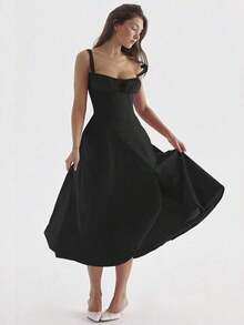 Mujeres Temperamento Moda Senior Sentido Francés Tirantes Suave Viento Vestidos Largo Dividido, Mujeres Temperamento Elegante Sexy Tirantes Vestido Elástico, conjuntos elegantes de mujer falda,Suave y Cómodo Tejido Agradable a la Piel, Adecuado para Banquetes, Asistir a Eventos, Hospedaje, Playas, Viajar Sesiones de Fotos, Fotografía de Calle, Trabajo y Uso Casual Diario. - Negro - Ver 4