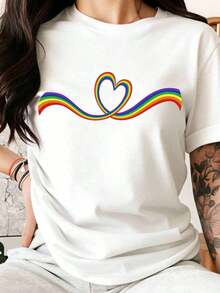 White T-Shirt With Rainbow Heart Design For Pride And Love Celebration, Unisex Casual Clothing For Awareness And Inclusion Events For The Gay, Lesbian, Bisexual And Transgender Community, Party Gift - 白色 - 查看 6