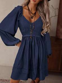 Vestido bohemio de estilo mini con cuello en V, hueco, de ganchillo, parches, manga larga, cintura elástica y bajo suelto, en color albaricoque, para mujer, para otoño/invierno - Azul marino - Ver 5