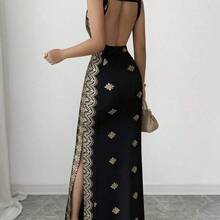 Raffinéa Women's Shiny Gold & Black Summer New Dress, Square Neck Spaghetti Strap Backless Slit Hem Fitted High Waist Dress, Suitable For Party, Wedding, Business Banquet, Daily Occasions, Gala, Wedding Party, Holiday Attire - Negro - Ver 5