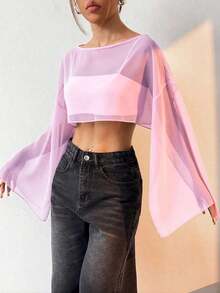 Blusa corta suelta de mangas de murciélago y cuello redondo de unicolor para mujer, de manga tres cuartos, para primavera/verano - Rosa Pálido - Ver 5