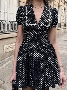 PariChic Vestido elegante, clásico y de moda para vacaciones, adecuado para exteriores, uso diario, oficina, transporte, citas, fiestas y playa. Vestido de manga corta con cuello en V para mujer, vestido de lunares negro y blanco, vestido mini estilo francés, vestido mono, vestido elegante, vestido casual, vestido negro y blanco, vestido de mujer con mangas abullonadas, vestido de lunares con cuello, vestidos de lunares para mujer, vestidos de verano para mujer, vestido de mujer, atuendos elegantes para mujer, vestidos de trabajo para mujer, vestidos de lunares para mujer, vestidos retro para mujer, atuendo casual para mujer, atuendo parisino para mujer, atuendo retro para mujer - Multicolor - Ver 5