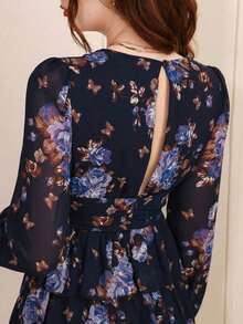 Vestido de manga larga con estampado aleatorio de moda para mujer, conjunto de ropa de vacaciones - Azul marino - Ver 2