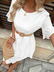 Vestido casual de vacaciones de unicolor con bordado calado para mujer - Pearl White - Ver 5