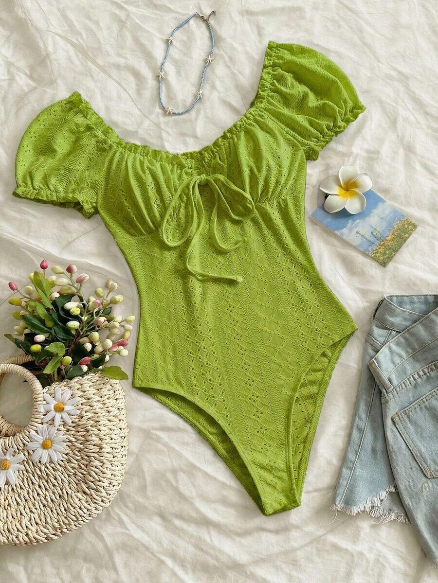 Body con estampado floral de hombros descubiertos ribete fruncido con nudo delantero pecho con fruncido - Verde - Ver 1