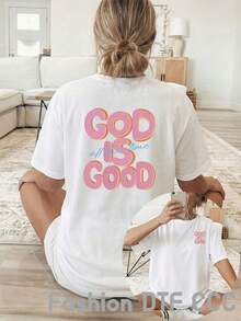 Camiseta de mujer de algodón puro, moderna y elegante, con estampado "GOD IS GOOD", estilo hip-hop urbano, ropa casual americana para el día a día, transpirable, adecuada para deportes al aire libre, ideal para regalo. - Blanco - Ver 10