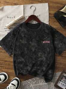 Nueva Llegada de Verano: Camiseta Casual de Manga Corta con Cuello Redondo y Estampado de Letras Rosadas de Estilo Americano Minimalista, Top Versátil y a la Moda para Mujer - Negro - Ver 3
