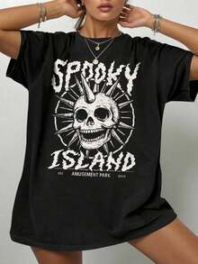 Women's Plus Size Loose Fit Casual T-Shirt With Skull And Slogan Print, Urban Style For Summer - Black - View 3