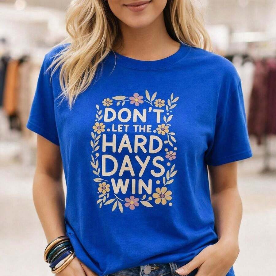 Women's Plus Size Cotton Graphic Print T-Shirt "Don't Let The Tough Days Win", Casual Loose Fit, Short Sleeve, Sizes M-5XL, Comfortable Everyday Wear T-Shirts With Inspirational Floral Print, Sizes M To 5XL, 100% Cotton Basic T-Shirt, Suitable For Spring, Summer And Autumn. - 藍色 - 查看 1