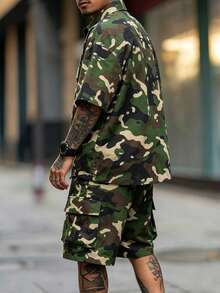 Men's Camo 2 Pieces Set: Short Sleeve Collared Shirt And Cargo Shorts - Army Green - View 2