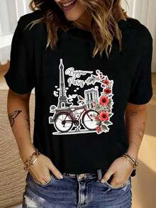 Camiseta Casual Elegante "Boyour Paris" con Estampado Gráfico para Mujer - Cuello Redondo Casual, Manga Corta con Diseño de la Torre Eiffel y Flores, Perfecta para Primavera y Verano, Rosa, Camisetas para Damas 100% Algodón Resistente - Negro - Ver 1
