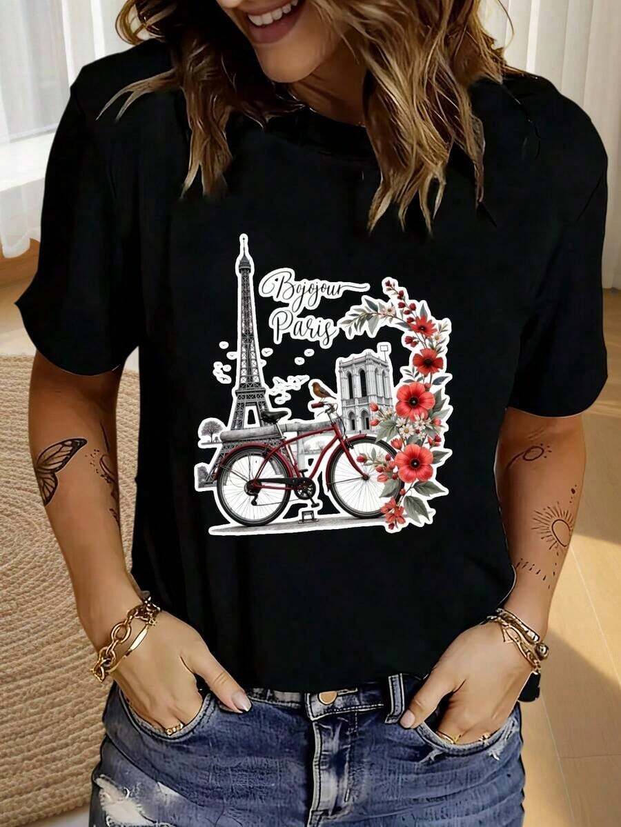 Camiseta Casual Elegante "Boyour Paris" con Estampado Gráfico para Mujer - Cuello Redondo Casual, Manga Corta con Diseño de la Torre Eiffel y Flores, Perfecta para Primavera y Verano, Rosa, Camisetas para Damas 100% Algodón Resistente - Negro - Ver 1