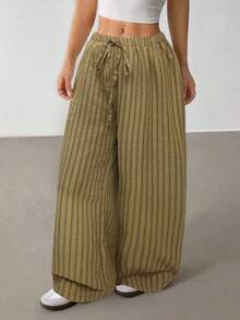 Pantalones casuales anchos de pierna ancha con cintura de corbata y rayas para mujer - Verde militar - Ver 3
