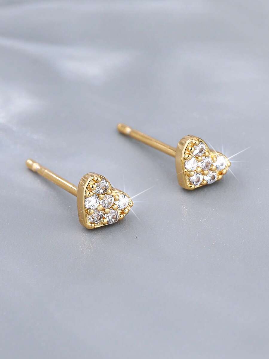 1 Đôi bông tai hình trái tim mini đính đá Zirconia toàn phần, mạ vàng, thiết kế độc đáo, đa năng, phù hợp đeo hàng ngày cho nữ. - Bông tai hình trái tim - Xem 1