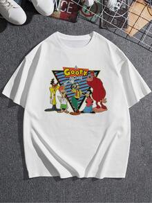 Gráfico colorido que muestra a un grupo de personajes animados sonrientes celebrando la amistad y la diversión con un fondo geométrico retro lleno de energía positiva camiseta de mujer  casual cómoda para uso diario - Blanco - Ver 3