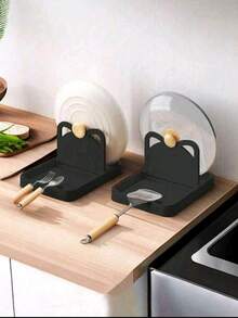 Organizador de cocina vertical plegable, soporte creativo con forma de oreja de gato para tapas de ollas, puede sostener cucharas, espátulas, pinzas, disponible en negro, beige y gris - Multicolor - Ver 9