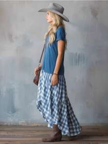 Vestido de manga corta y larga a cuadros de terciopelo azul de moda de estilo retro - Azul - Ver 2