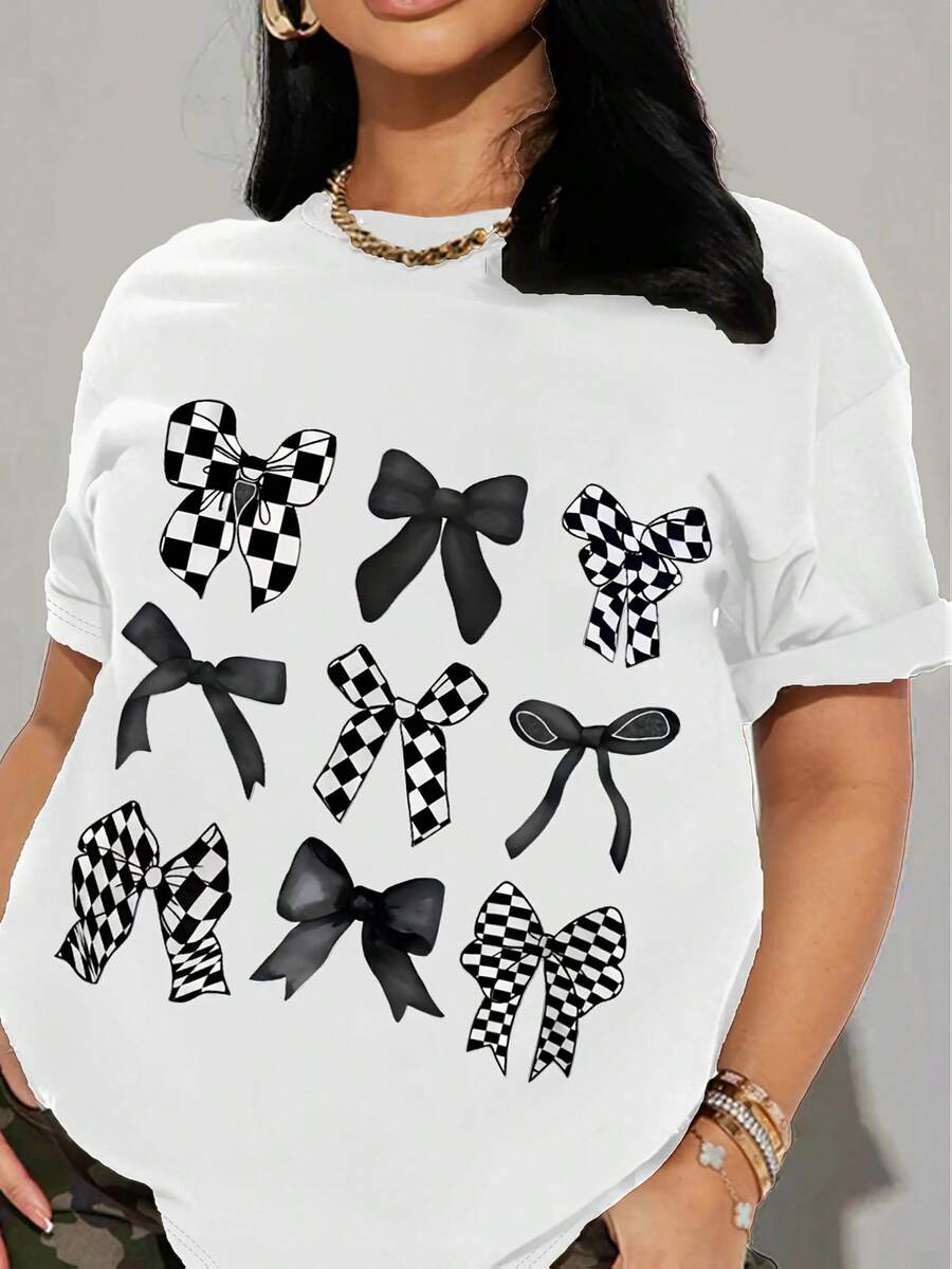 Plus Size Women's Clothing, Casual Tie-Print T-Shirt - Short Sleeve, Round Neck, Mixed Fabrics, Machine Washable, Top For Summer And Spring, Casual Spring T-Shirt. | Round Neck T-Shirt | Stretch Knit Fabric - Unisex Urban Vintage Style Loose Fit Cotton Short-Sleeve Round Neck T-Shirts For Women. Blouses. Casual Blouses For Ladies. - 白色 - 查看 1