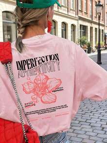 Camiseta de mujer estilo retro americano con estampado de flor de hibisco y eslogan "Imperfecto", corte holgado que realza la silueta, estilo artístico y relajado, manga corta, adecuada para la escuela, paseos por la ciudad, salidas de primavera y uso casual de verano. - Rosa - Ver 5