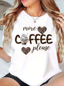 Camiseta Gráfica "Más Café Por Favor" con Diseño de Taza de Café y Corazones de Granos para Amantes del Café, Ropa Casual, Blusas para Mujer - Blanco - Ver 8