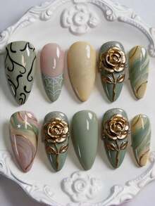 10pcs Gold Rose Decor Fake Nails, Y2K Style Almond Shape Nail Art Supplies - Mint Green - View 9