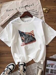 Camiseta con Estampado de la Estatua de la Libertad y Bandera USA,Camiseta de manga corta de moda para primavera y verano de 2026, hecha en México, 180 gramos. Estampado de dibujos animados, modelo de pareja, apta para uso interior o exterior. Cuello redondo, unisex, ideal para oficina y ocio. Paquete de una pieza. - WH-P631577SLNDXZGY482 - Ver 4