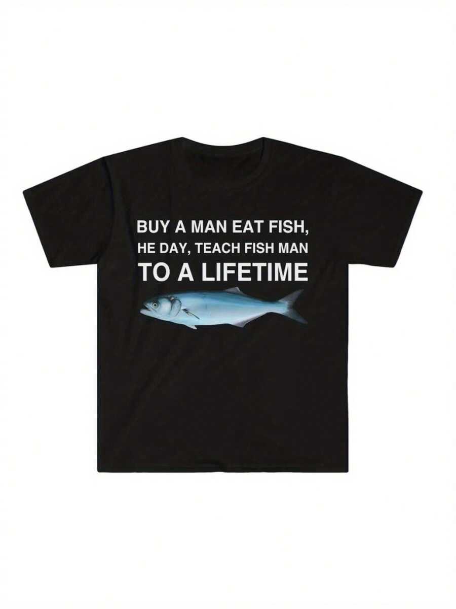 Funny Fishing Graphic T-Shirt For Men - "Buy One For The Man, Eat Fish, The Day, Teach Fish For The Man For Life" - Casual Crew Neck T-Shirt With Fish Design - Perfect For Parties, Travel And Casual Wear - Comfortable Fit For All Seasons, Funny T-Shirts - 黑色 - 查看 1