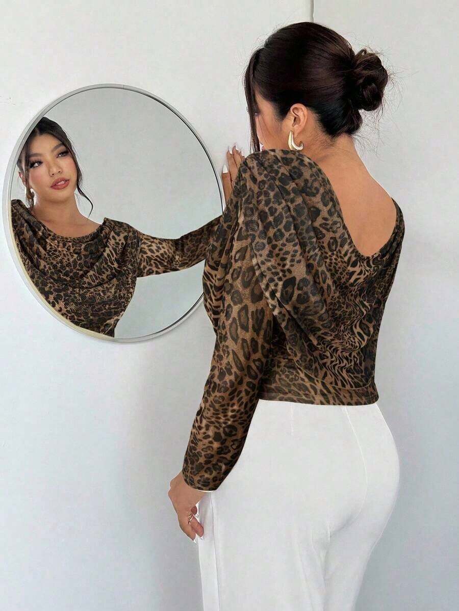 Blusa sexy de manga larga con cuello en V profundo y malla transparente ajustada para mujer de talla grande, adecuada para el Día de San Valentín, conciertos, actuaciones, citas, cenas formales, bailes de graduación, bodas, estilo sexy y elegante, para ir al trabajo, de vuelta a la escuela, vacaciones, playa, romántica, estilo sirena, fiestas de cumpleaños - Marrón - Ver 1