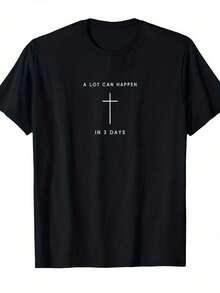 Christian T-Shirt For Men And Women - Easter Design "A Lot Can Happen In 3 Days" With White Cross - Soft Crew Neck Short Sleeve T-Shirt - Minimalist Religious Clothing For Church, Easter, Christmas, Birthday - Breathable, Casual, Religiously Inspired, Holy Week, Palm Sunday - 黑色 - 查看 1