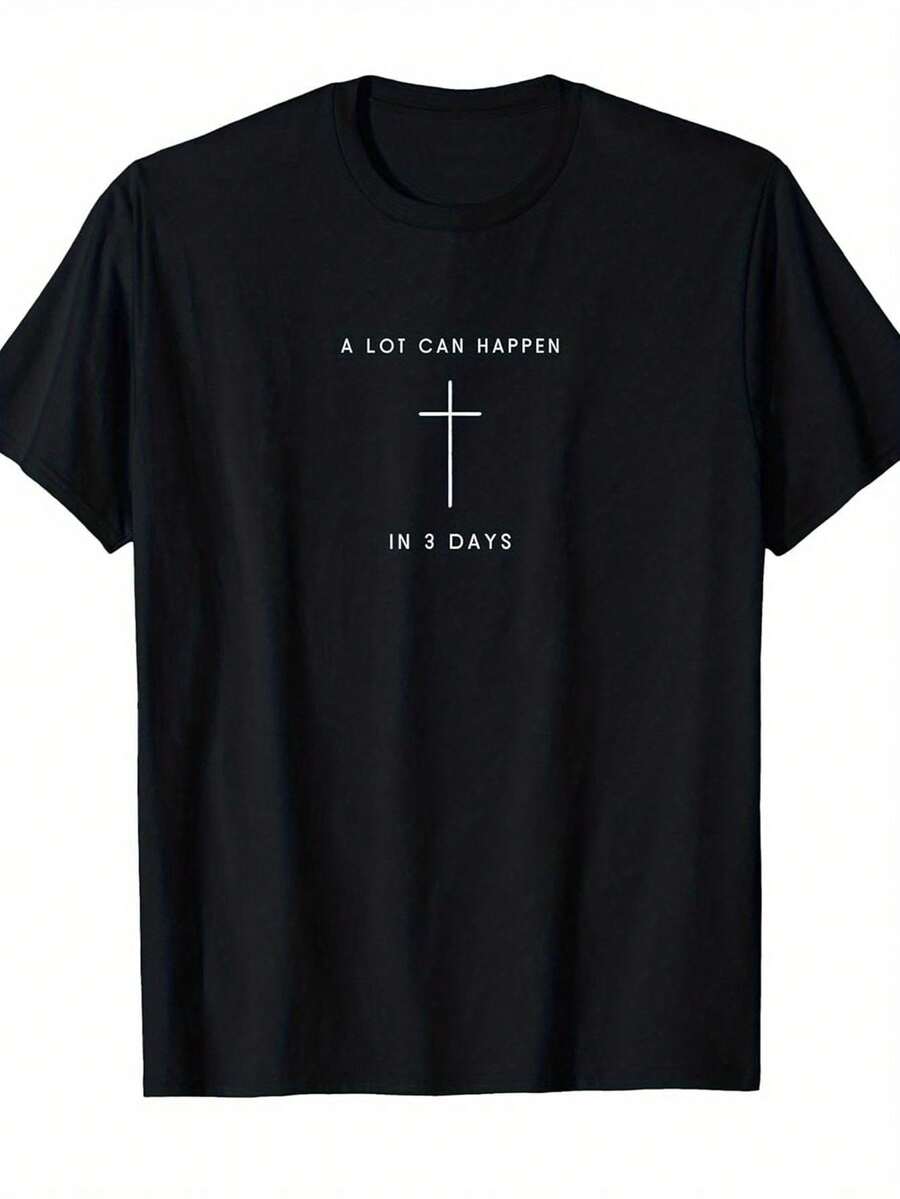 Christian T-Shirt For Men And Women - Easter Design "A Lot Can Happen In 3 Days" With White Cross - Soft Crew Neck Short Sleeve T-Shirt - Minimalist Religious Clothing For Church, Easter, Christmas, Birthday - Breathable, Casual, Religiously Inspired, Holy Week, Palm Sunday - 黑色 - 查看 1