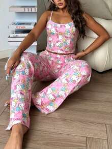Bộ đồ ngủ nữ Hello Kitty 2 món gồm áo hai dây in họa tiết và quần ống đứng cạp chun dễ thương. - Hồng - Xem 6