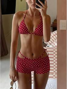 New Women's Sexy Polka Dot Strappy Black Lace-Up Three-Piece Bikini Set For Summer Beach. - 紅色 - 查看 11
